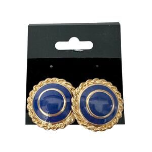 TRIFARI Cobalt Blue Cabochon Yellow Gold Tone Clip-On Earrings Vintage